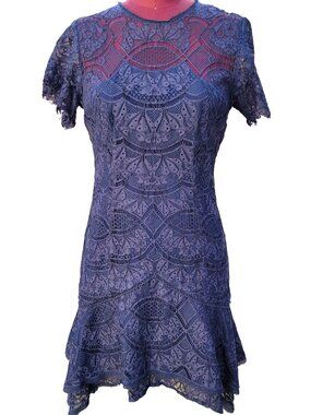 Jonathan Simkhai Flutter Mini Dress Navy Lace Crew Neck Short Sleeves 6